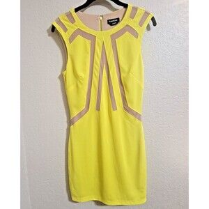 Bebe Sz S Colorblock Crewneck Mini Sleeveless Dress Yellow Nude Cut Out Bandage